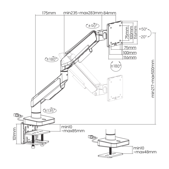 XTRMLAB L210C-16TDL-BWG (Black/White) – Bras d'écran